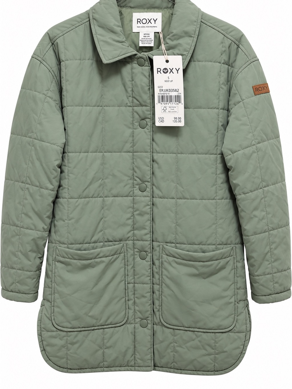 ROXY Women's Next Up Quilted Jacket Agave Green Size S NWT